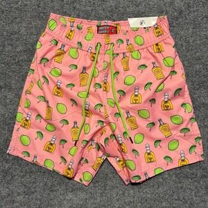 Party Sharks Tequila Men Small Swim Trunks Quick Dry Pink Novelty Print Shorts S